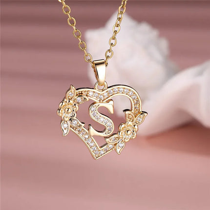 A-Z Letter Flower Heart Pendant Necklace