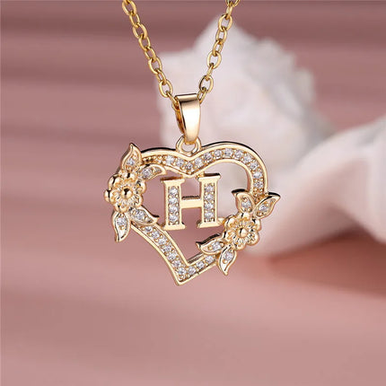 A-Z Letter Flower Heart Pendant Necklace