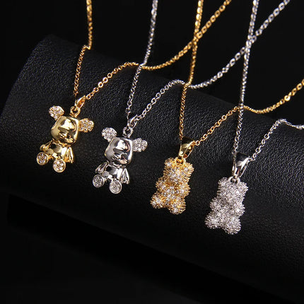 Stainless Steel Necklace With A Shiny Zircon Bear Pendant